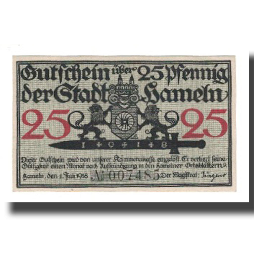 Biljet, Duitsland, Hameln Stadt, 25 Pfennig, personnage 3, 1918, 1918-07-01