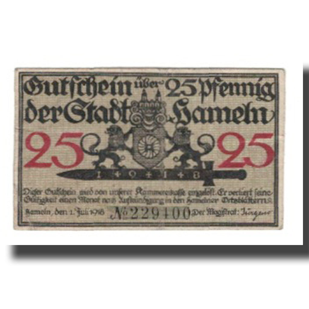 Banconote, Germania, Hameln Stadt, 25 Pfennig, personnage 4, 1918, 1918-07-01