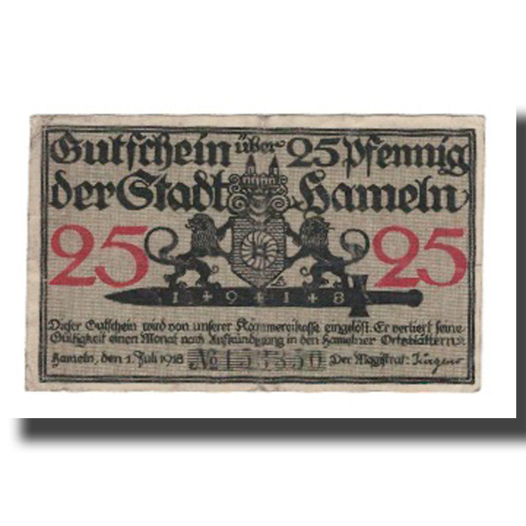 Banconote, Germania, Hameln Stadt, 25 Pfennig, personnage 5, 1918, 1918-07-01