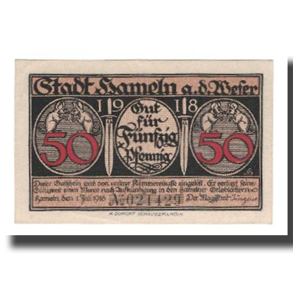 Banconote, Germania, Hameln Stadt, 50 Pfennig, personnage 1, 1918, 1918-07-01
