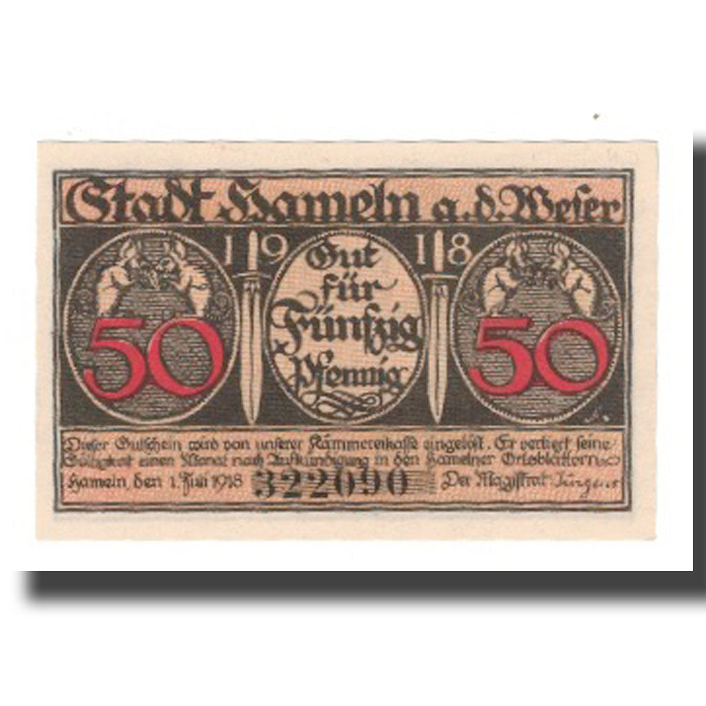 Banconote, Germania, Hameln Stadt, 50 Pfennig, personnage 3, 1918, 1918-07-01