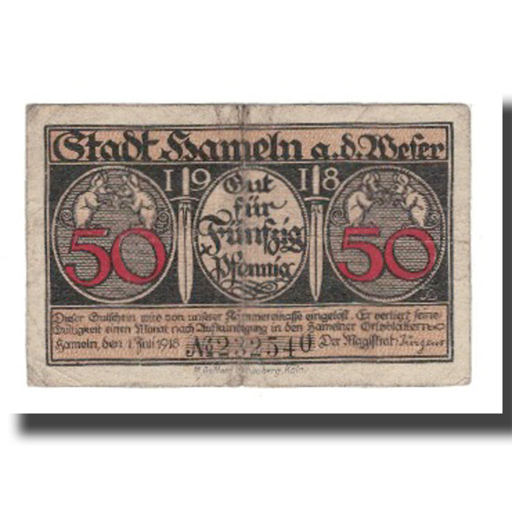 Banconote, Germania, Hameln Stadt, 50 Pfennig, personnage 4, 1918, 1918-07-01