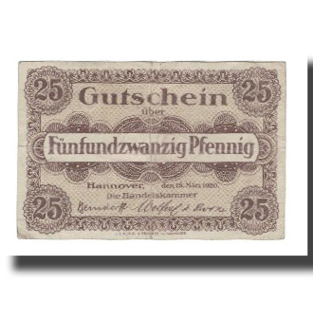 Banconote, Germania, Hannover Handelskammer, 25 Pfennig, Texte, 1919