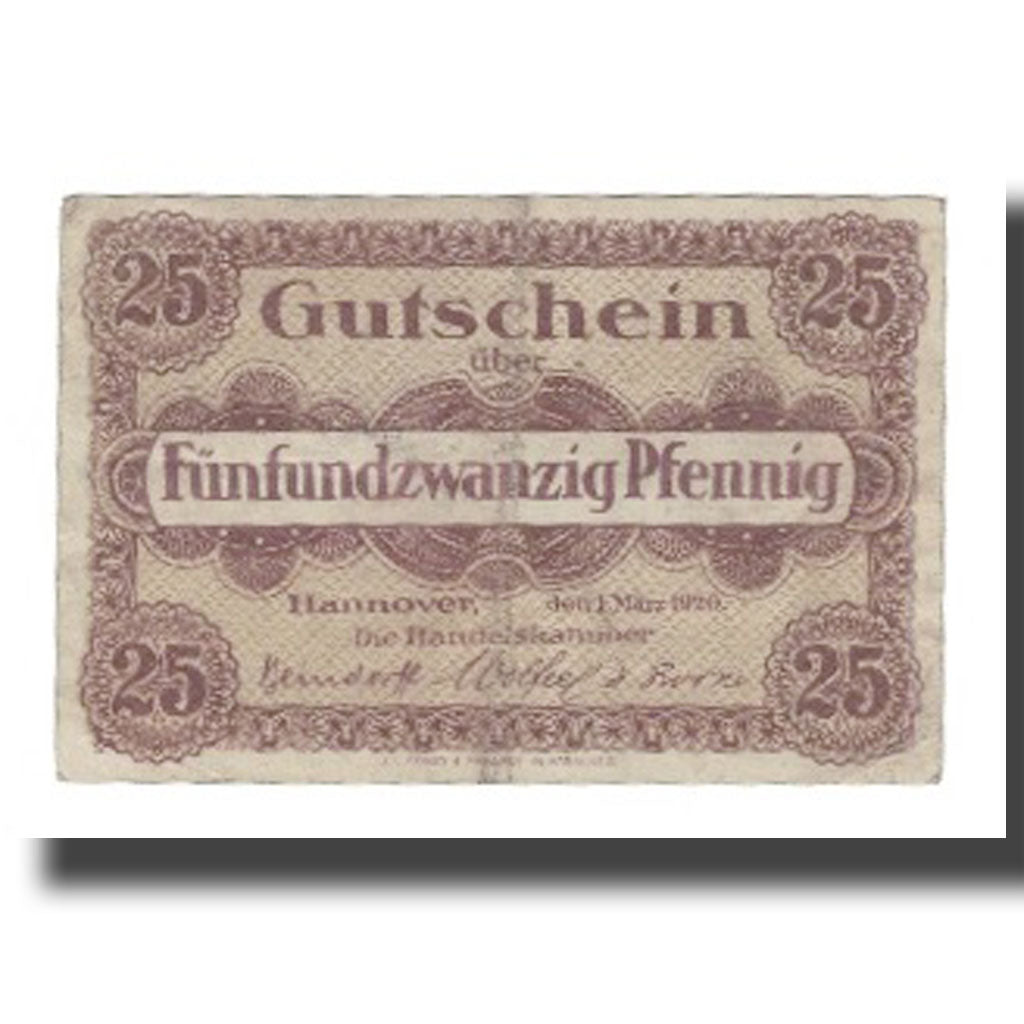 Biljet, Duitsland, Hannover Handelskammer, 25 Pfennig, texte 1, 1919