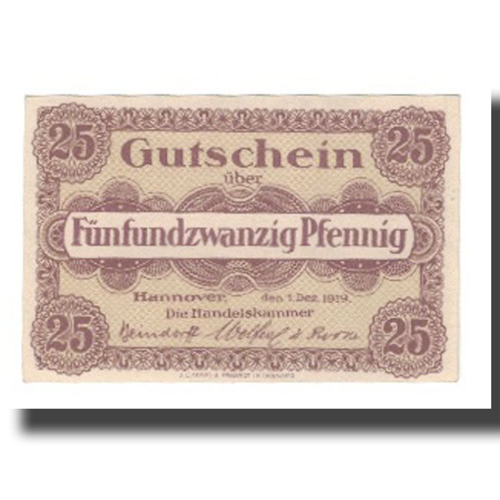 Banconote, Germania, Hannover Handelskammer, 25 Pfennig, Texte 6, 1919