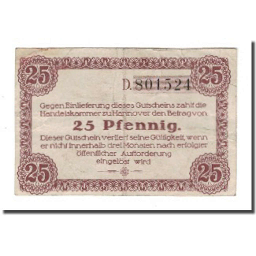 Banconote, Germania, Hannover Handelskammer, 25 Pfennig, Texte 8, 1919
