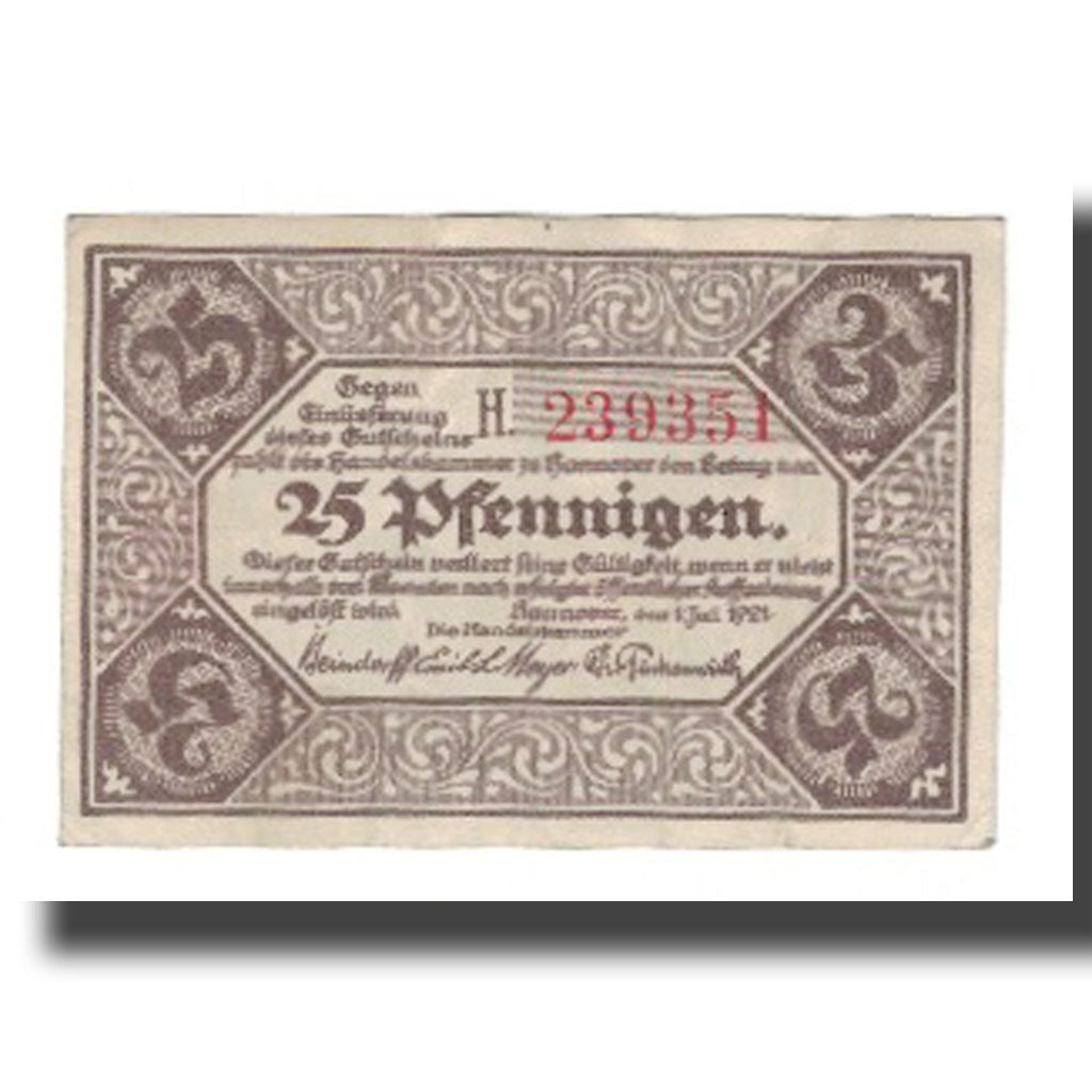 Banconote, Germania, Hannover Handelskammer, 25 Pfennig, rue, 1921, 1921-07-01