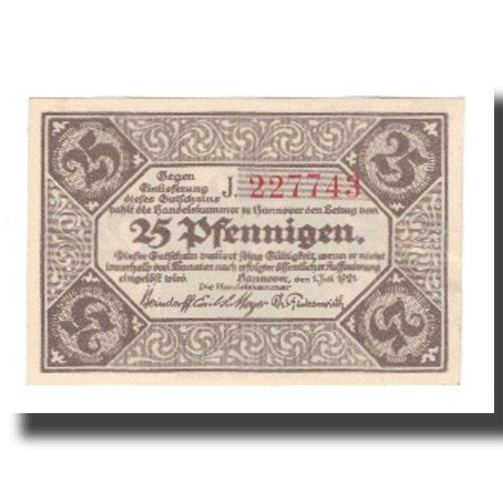Banconote, Germania, Hannover Handelskammer, 25 Pfennig, rue 1, 1921