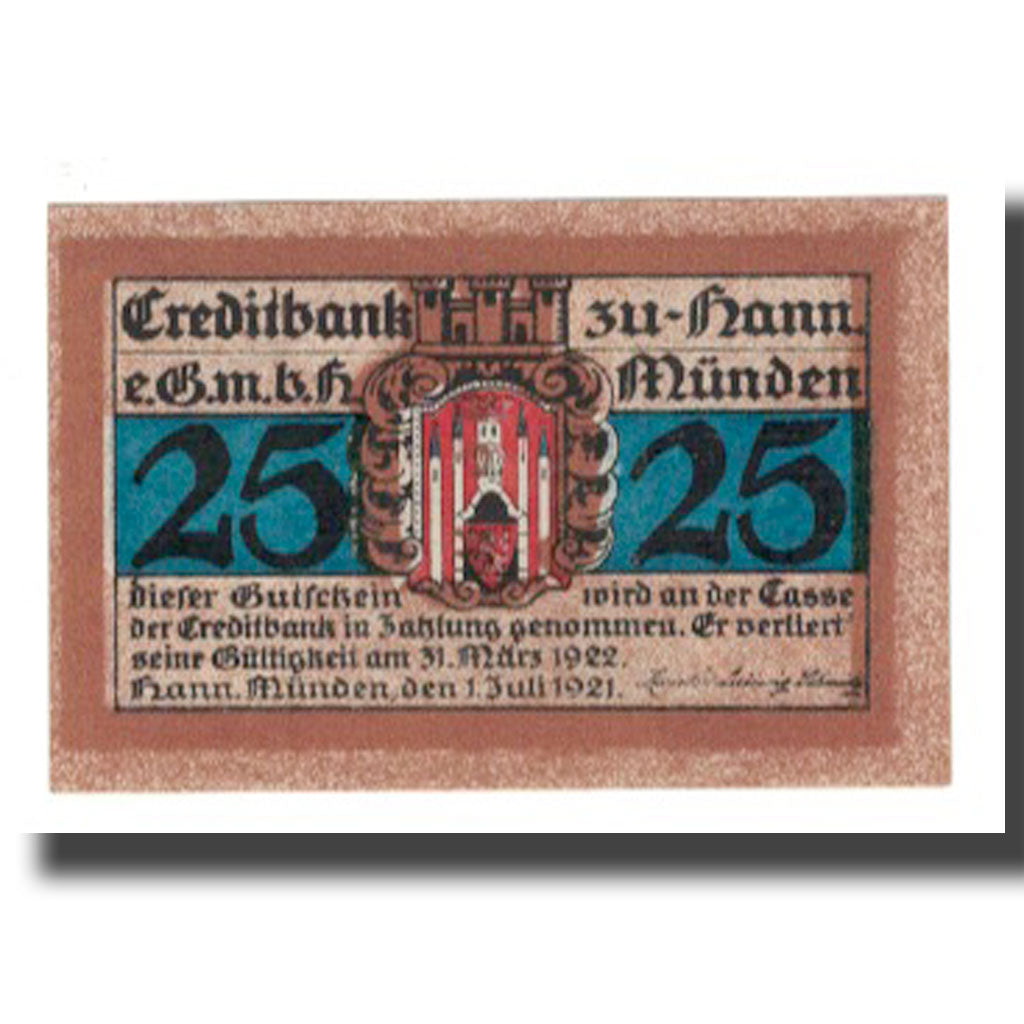 Banknote, Germany, Hann. Münden Creditbank e.G.m.b.H., 25 Pfennig, tour, 1922