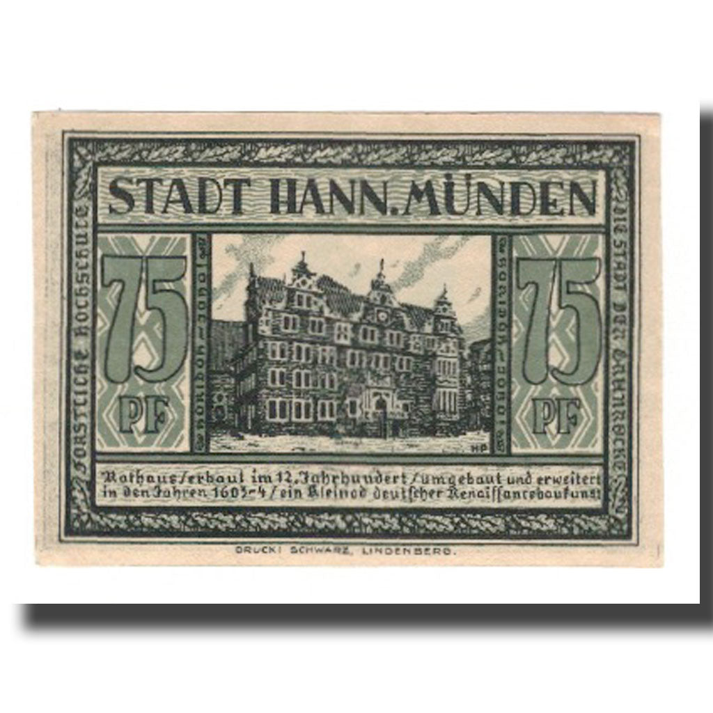 Nota, Alemanha, Hann. Münden Stadt, 75 Pfennig, personnage, 1922, AU(55-58)