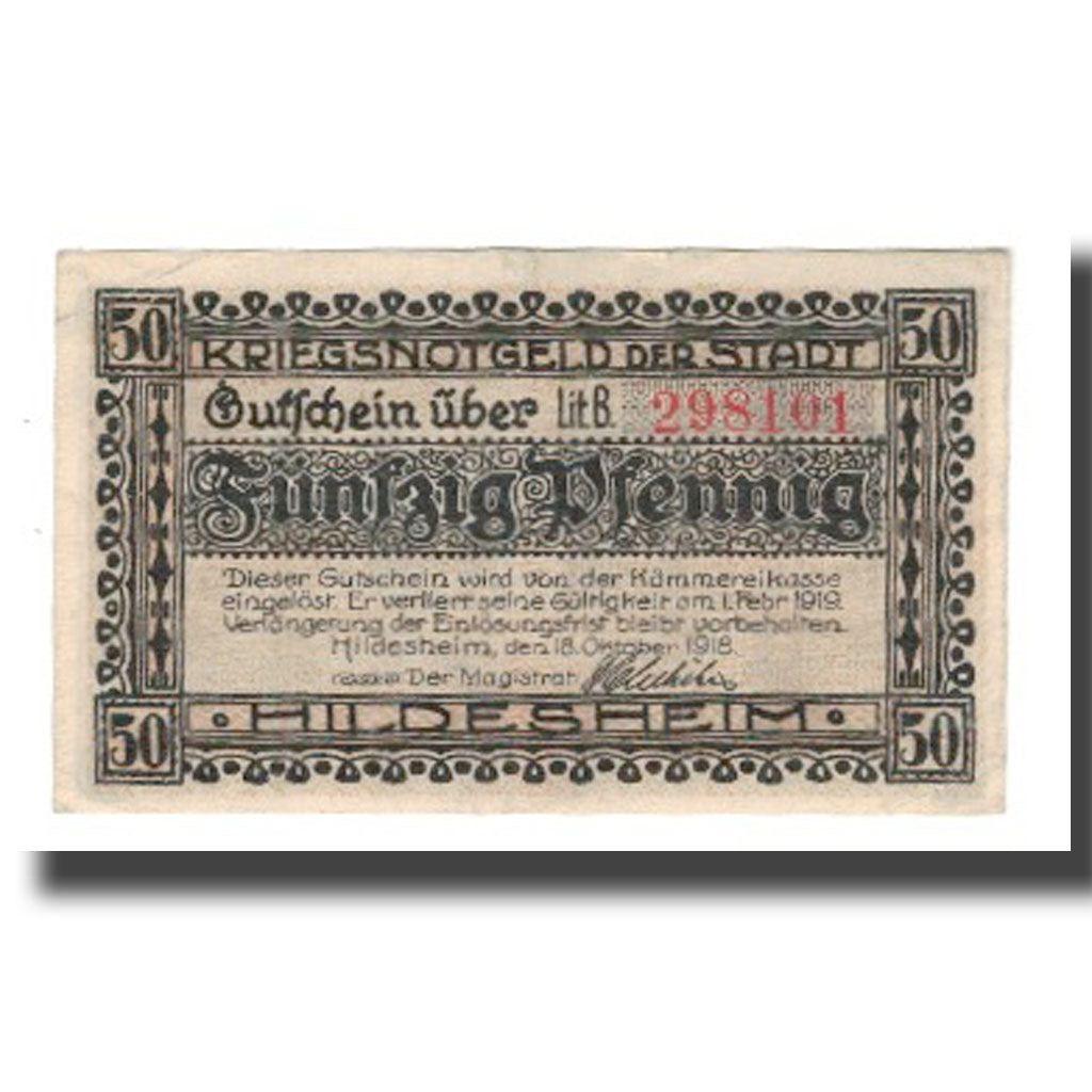Banconote, Germania, Hildesheim Stadt, 50 Pfennig, rue, 1919, 1919-02-01, BB