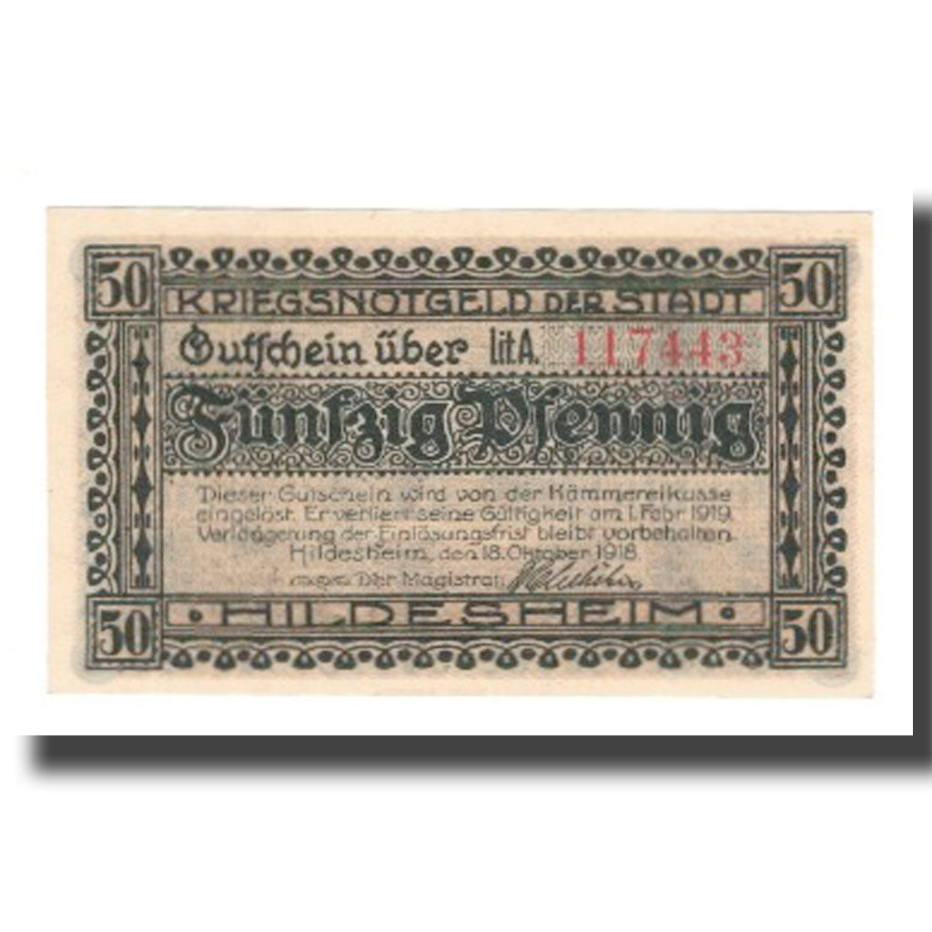 Banconote, Germania, Hildesheim Stadt, 50 Pfennig, rue 2, 1919, 1919-02-01