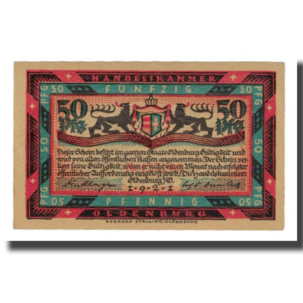 Banconote, Germania, Oldenburg i.O. Handelskammer, 50 Pfennig, paysage 1, 1921