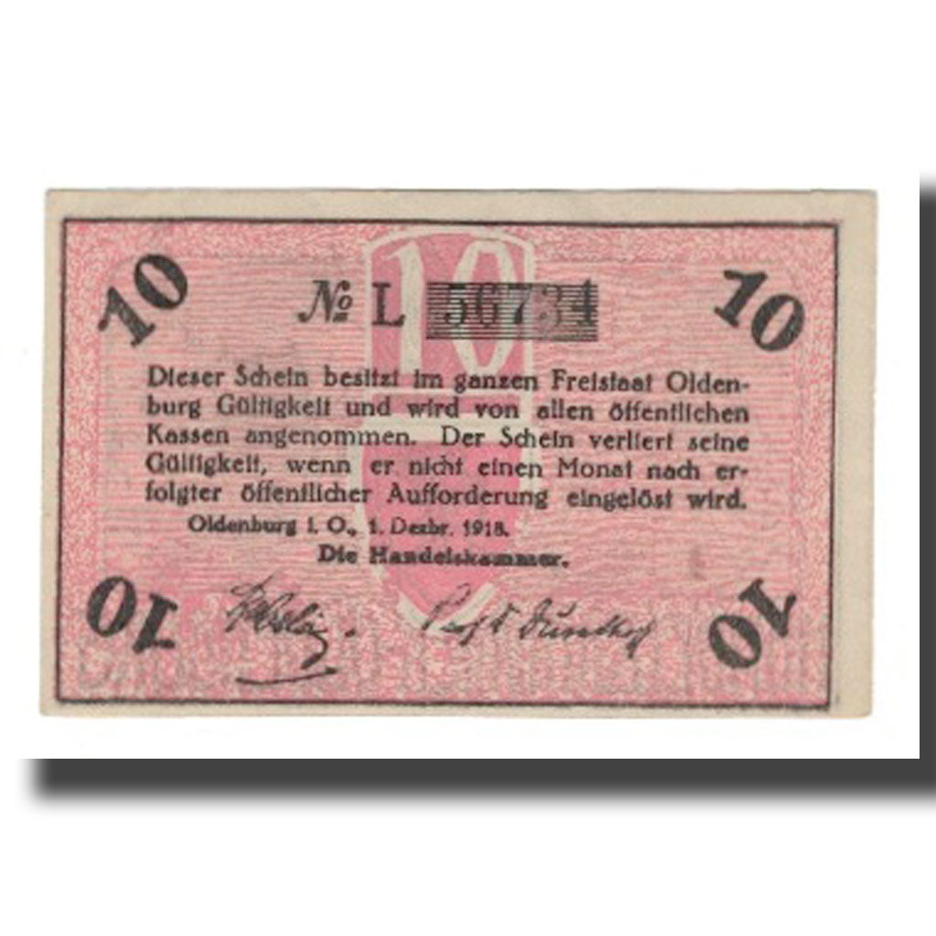 Banconote, Germania, Oldenburg Handelskammer, 10 Pfennig, Texte 3, 1918