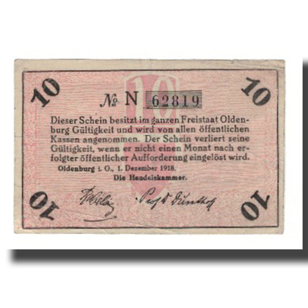Banconote, Germania, Oldenburg Handelskammer, 10 Pfennig, Texte 7, 1918