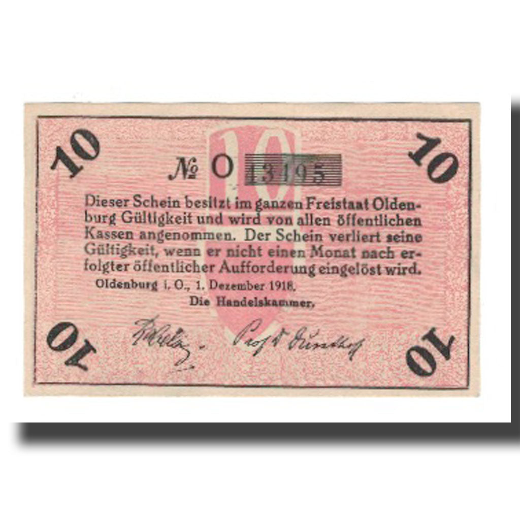 Banconote, Germania, Oldenburg Handelskammer, 10 Pfennig, Texte 8, 1918