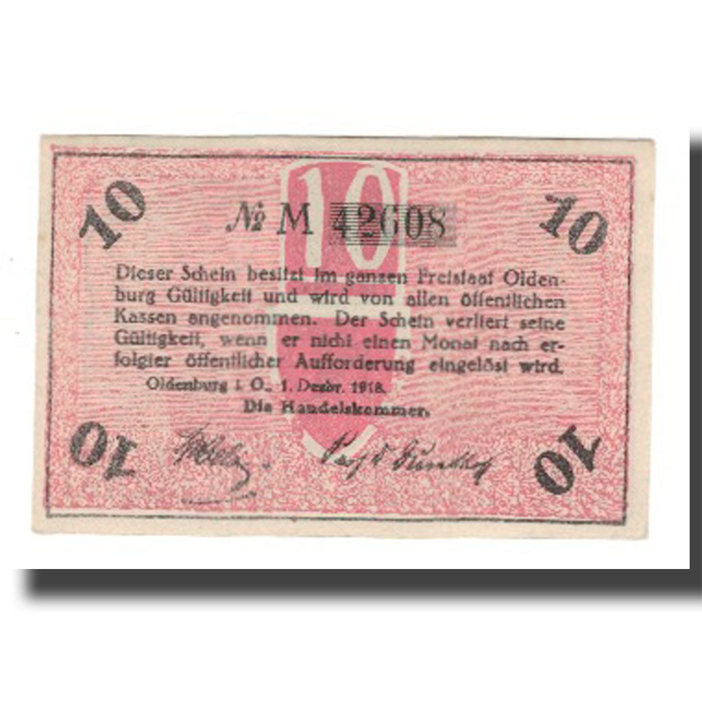 Banconote, Germania, Oldenburg Handelskammer, 10 Pfennig, Texte 9, 1918