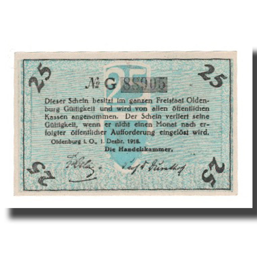 Banconote, Germania, Oldenburg Handelskammer, 25 Pfennig, Texte 3, 1918