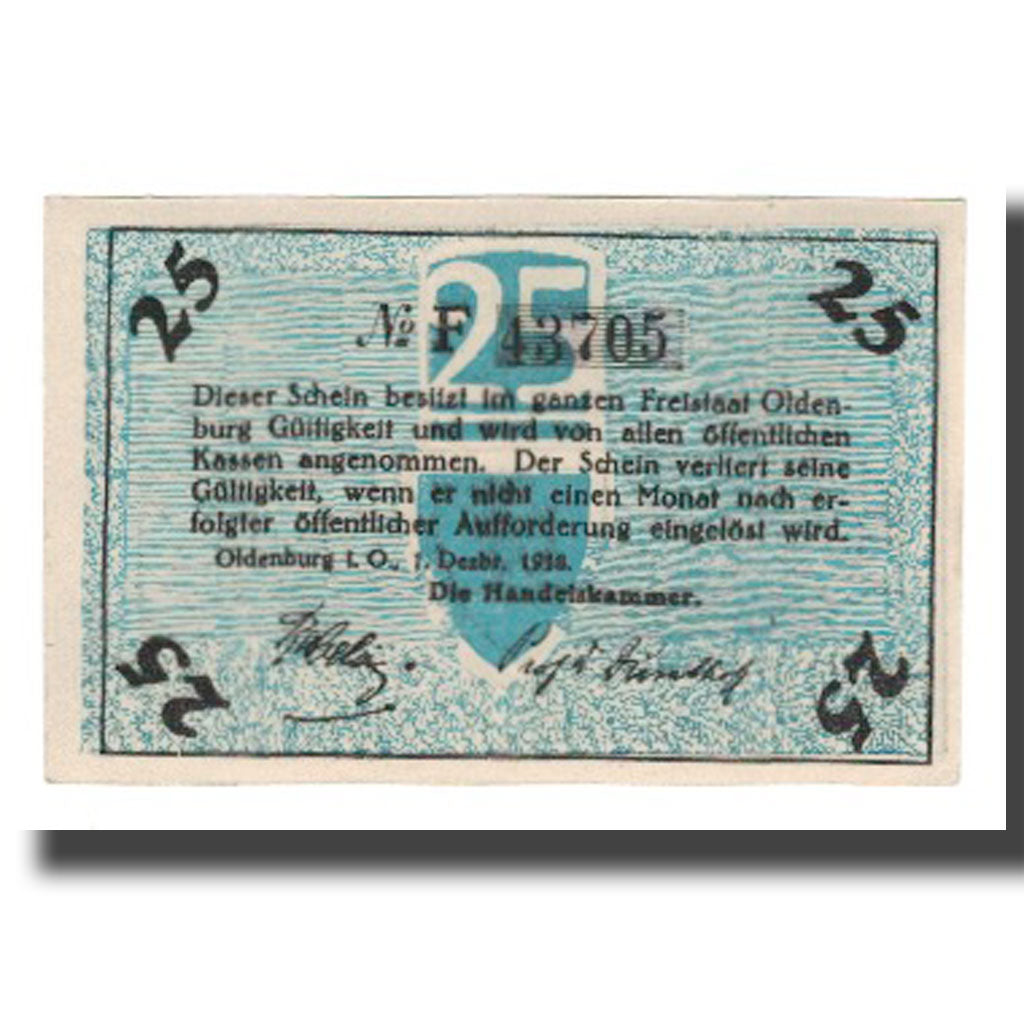 Banconote, Germania, Oldenburg Handelskammer, 25 Pfennig, Texte 4, 1918
