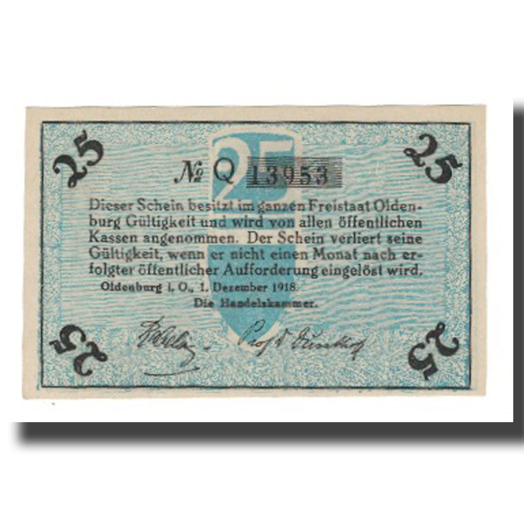 Banknote, Germany, Oldenburg Handelskammer, 25 Pfennig, Texte  5, 1918
