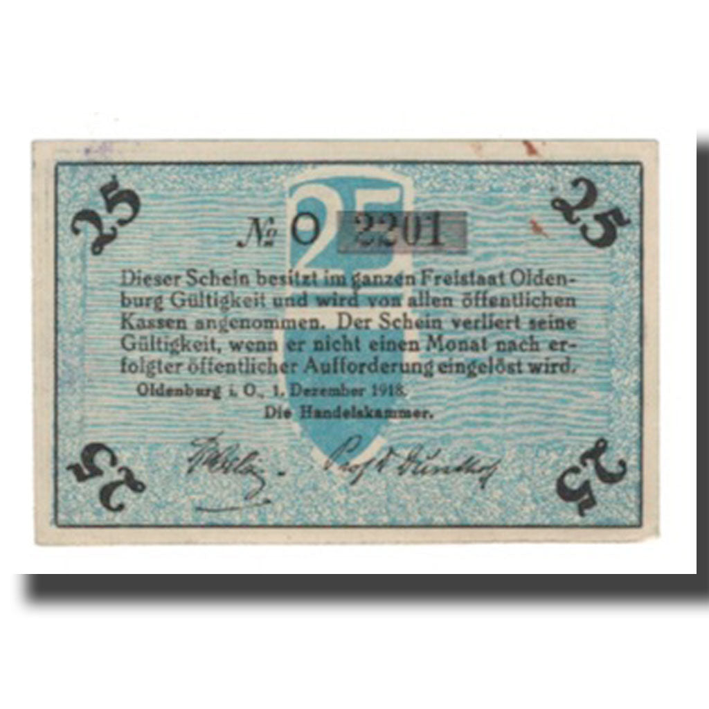 Banconote, Germania, Oldenburg Handelskammer, 25 Pfennig, Texte 6, 1918