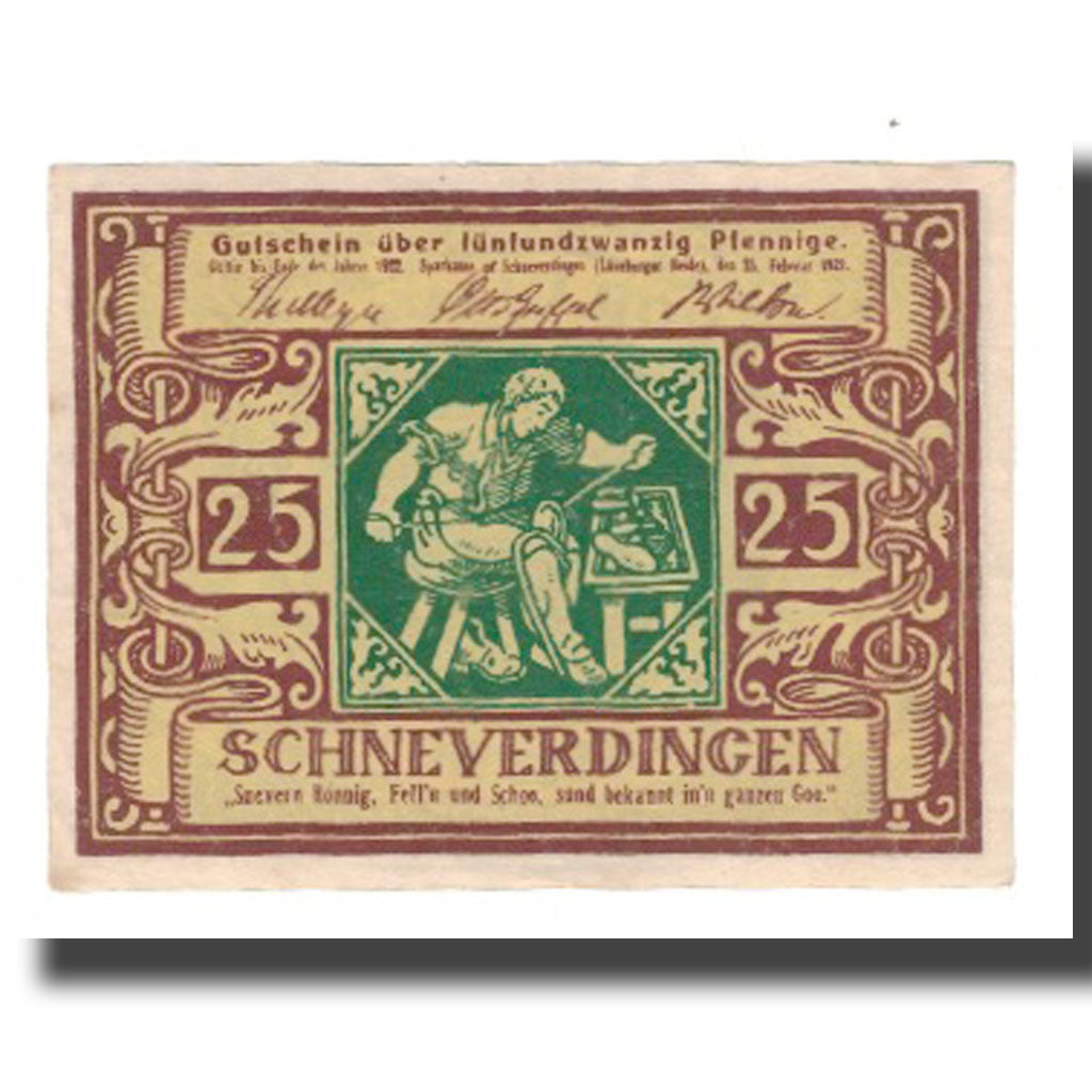 Banconote, Germania, Schneverdingen Sparkasse, 25 Pfennig, valeur faciale, 1922