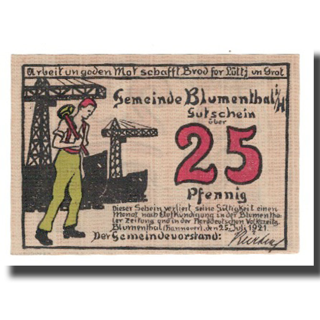 Banconote, Germania, Blumenthal Gemeinde, 25 Pfennig, personnage, 1921