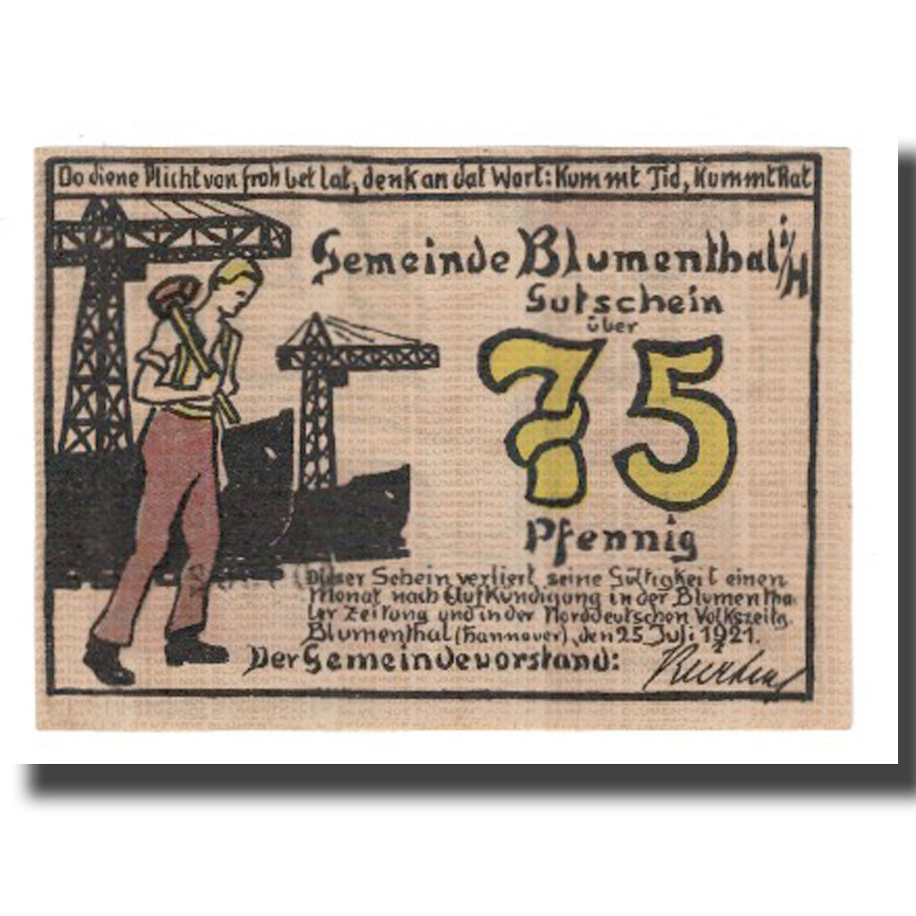 Banconote, Germania, Blumenthal Gemeinde, 75 Pfennig, personnage 1, 1921
