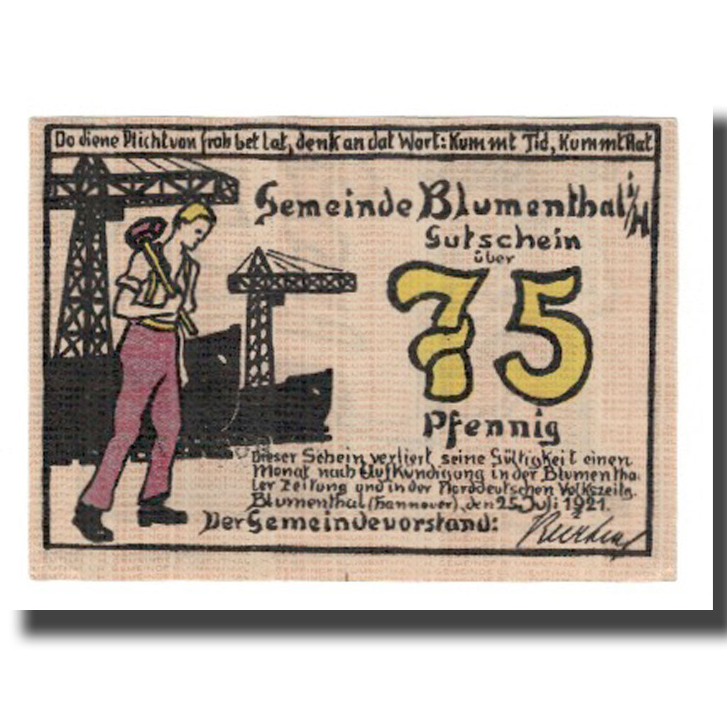 Banconote, Germania, Blumenthal Gemeinde, 75 Pfennig, personnage 3, 1921