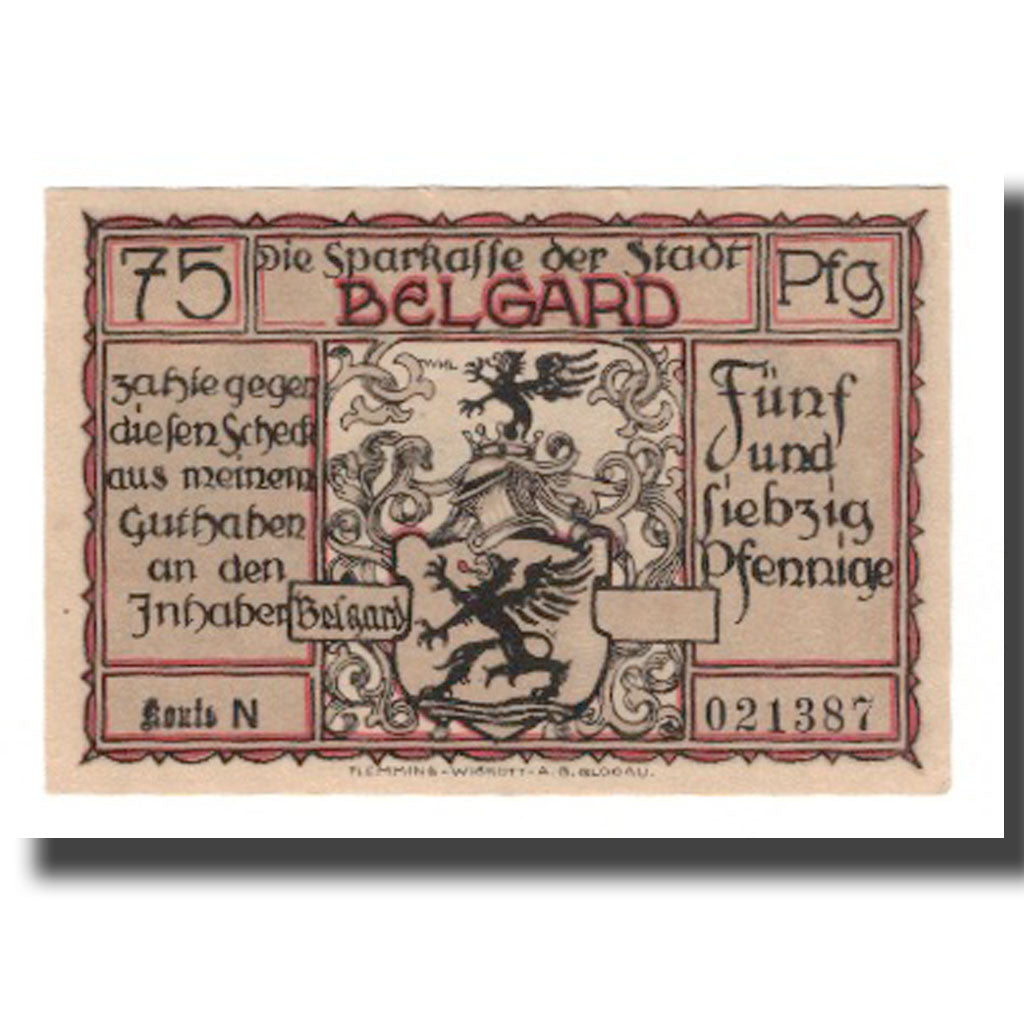 Biljet, Duitsland, Belgard a. Persante Stadt, 75 Pfennig, personnage, SUP