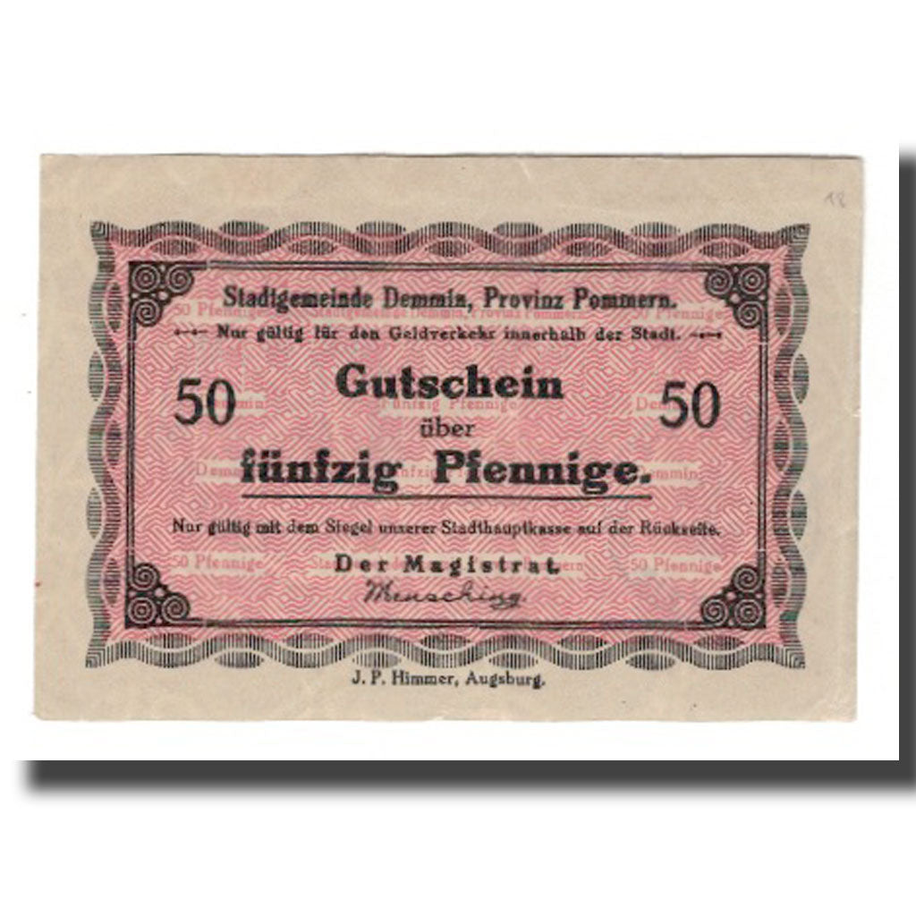 Banconote, Germania, Demmin Stadt, 50 Pfennig, N.D, undated (1920), SPL-