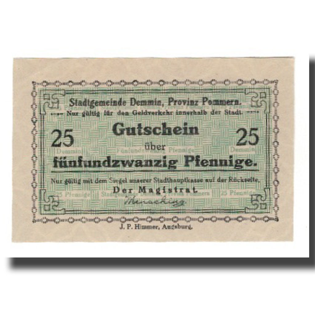 Banconote, Germania, Demmin Stadt, 25 Pfennig, N.D, undated (1920), SPL-