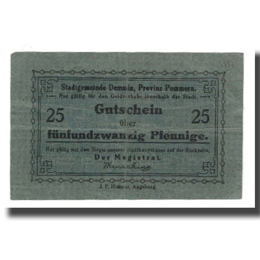 Banknote, Germany, Demmin Stadt, 25 Pfennig, N.D, undated (1920), EF(40-45)