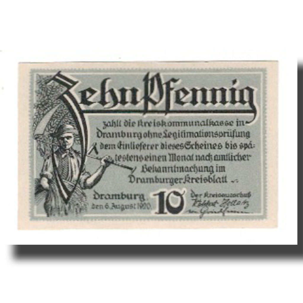 Banconote, Germania, Dramburg Kreisausschuß, 10 Pfennig, personnage, 1920