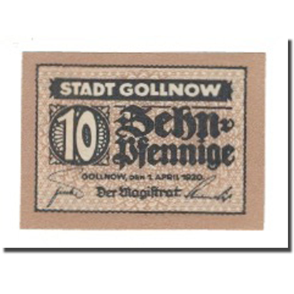 Banconote, Germania, Gollnow Stadt, 10 Pfennig, valeur faciale, 1920