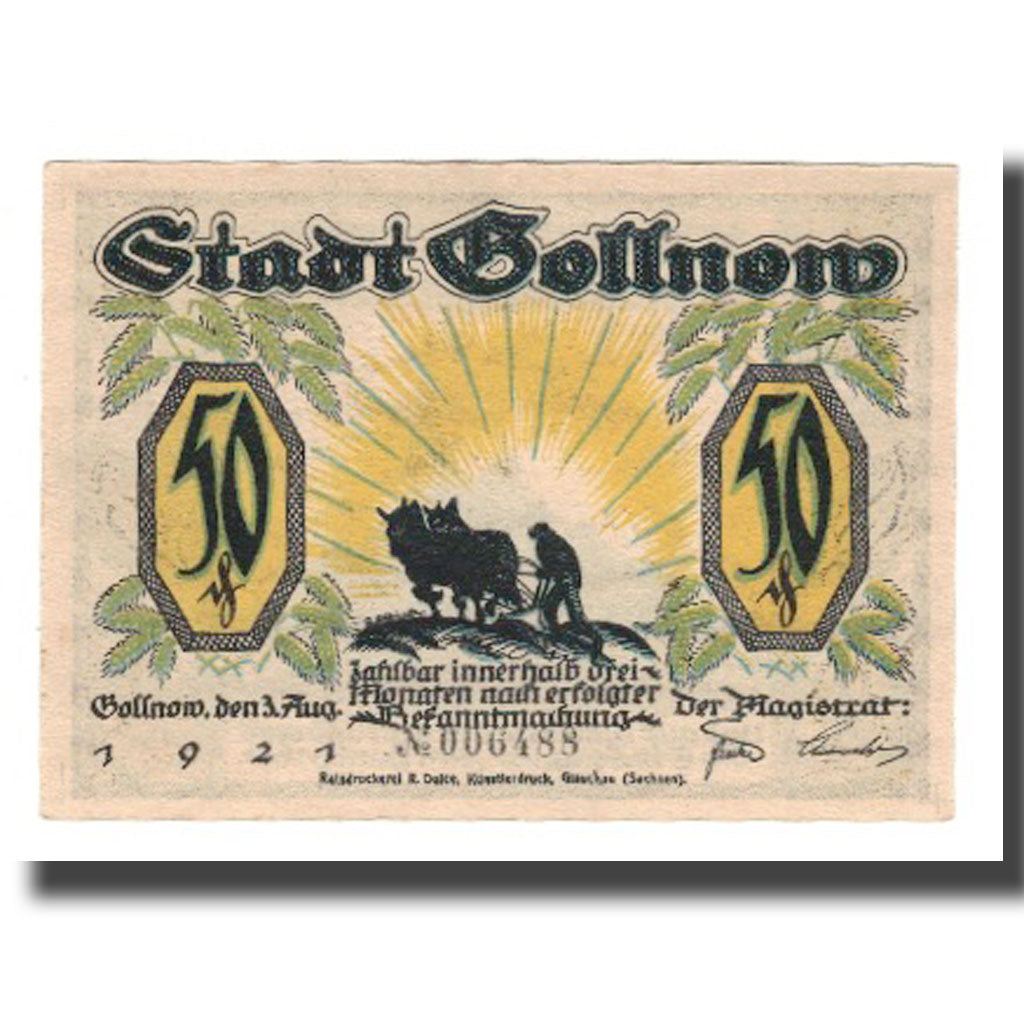 Banconote, Germania, Gollnow Stadt, 50 Pfennig, Clocher, 1921, 1921-08-03, SPL-