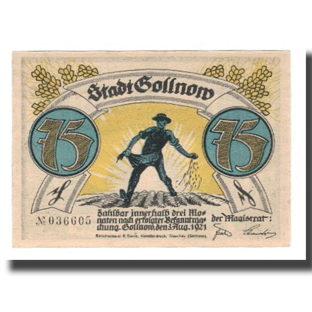 Banconote, Germania, Gollnow Stadt, 75 Pfennig, personnage, 1921, 1921-08-03
