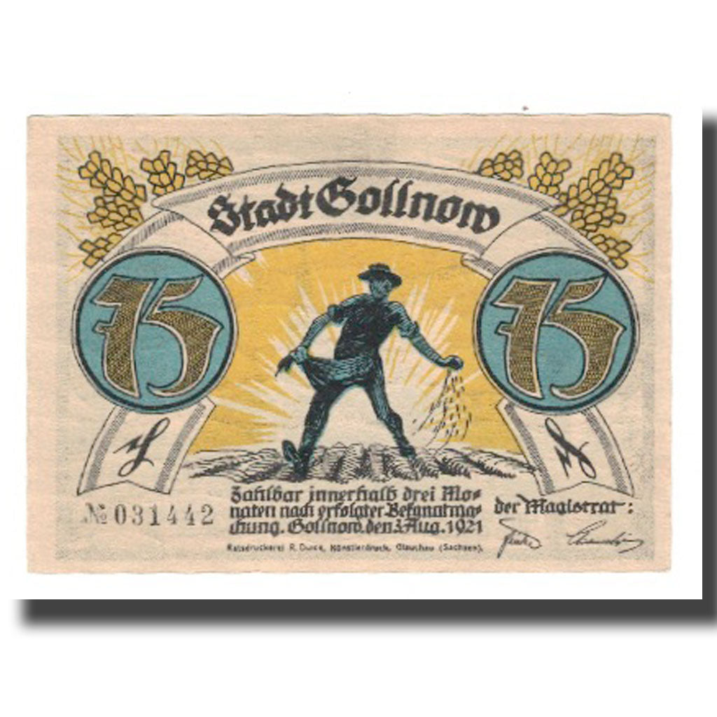 Banknote, Germany, Gollnow Stadt, 75 Pfennig, Clocher, 1921, 1921-08-03