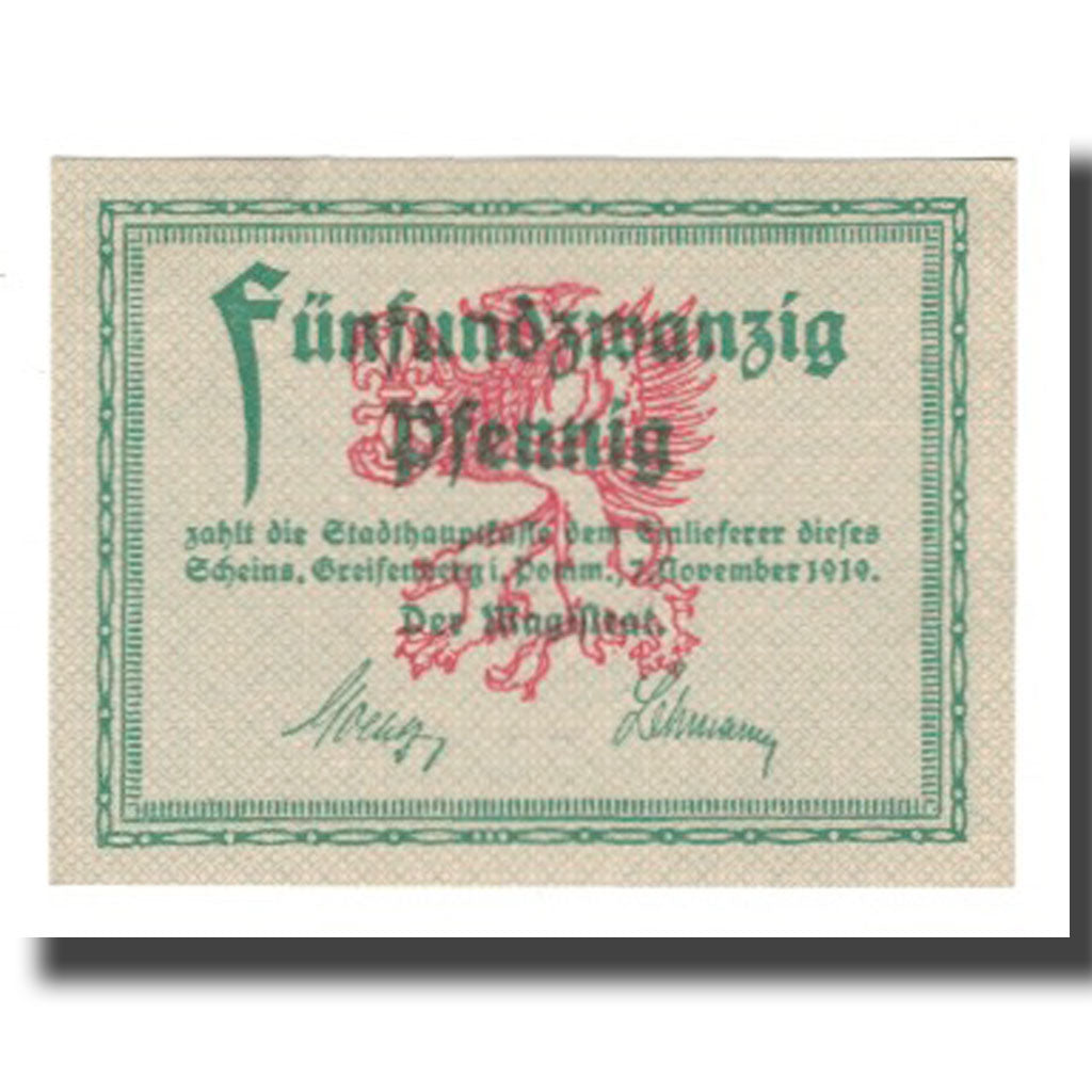 Banconote, Germania, Greifenberg Stadt, 25 Pfennig, valeur faciale, 1921