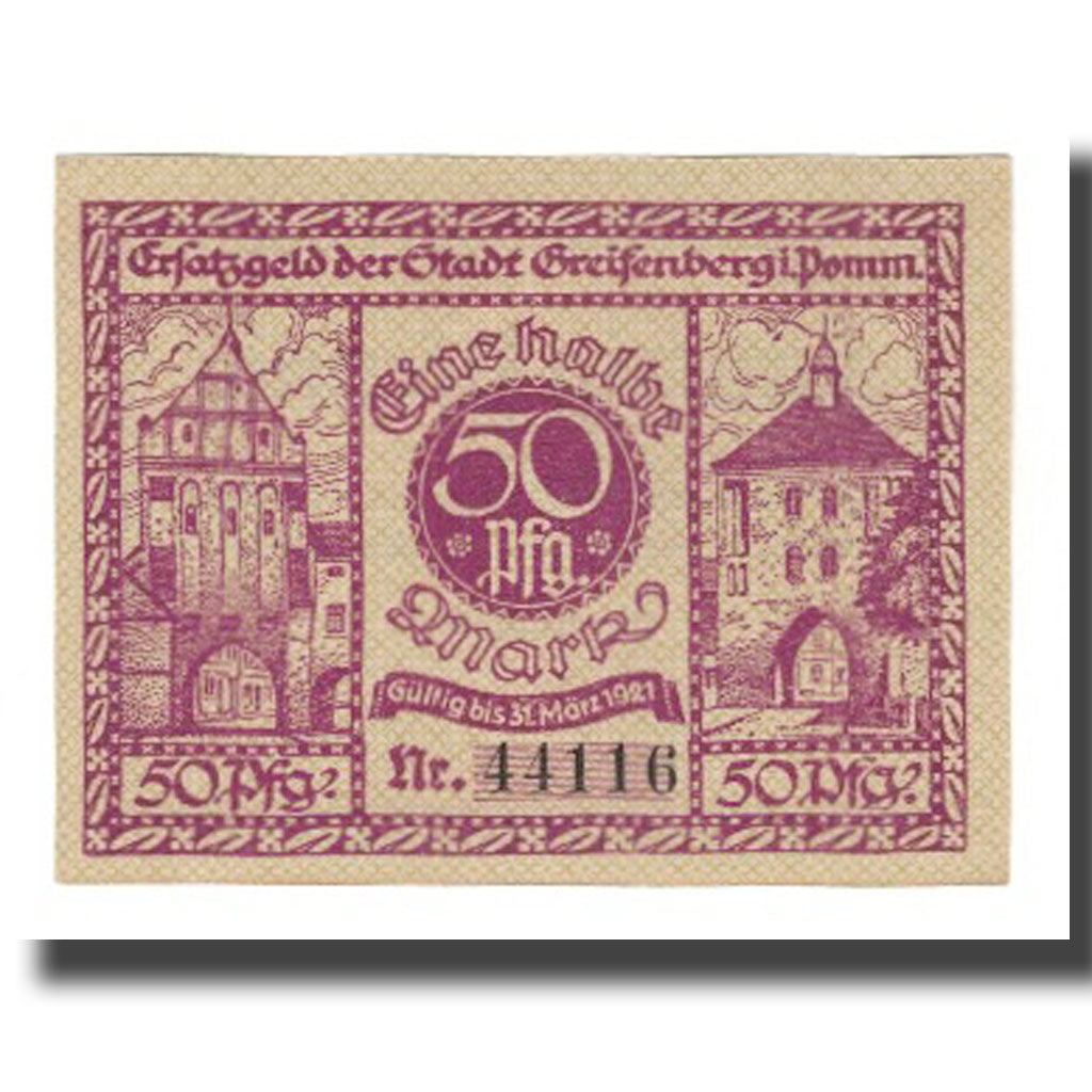 Banconote, Germania, Greifenberg Stadt, 50 Pfennig, valeur faciale 1, 1921