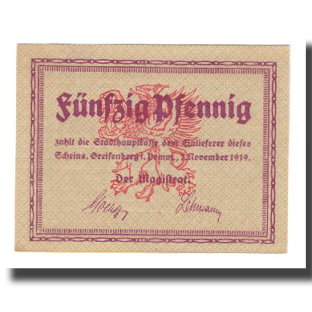 Banconote, Germania, Greifenberg Stadt, 50 Pfennig, valeur faciale 1, 1921