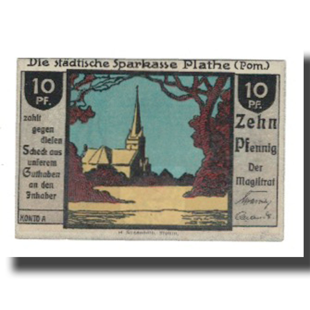 Banknote, Germany, Plathe Stadt, 10 Pfennig, personnage, 1922, AU(55-58)