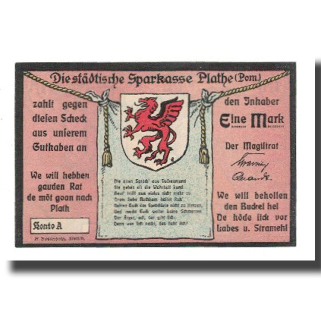 Geldschein, Deutschland, Plathe Stadt, 1 Mark, village, 1922, VZ, Mehl:1060.1