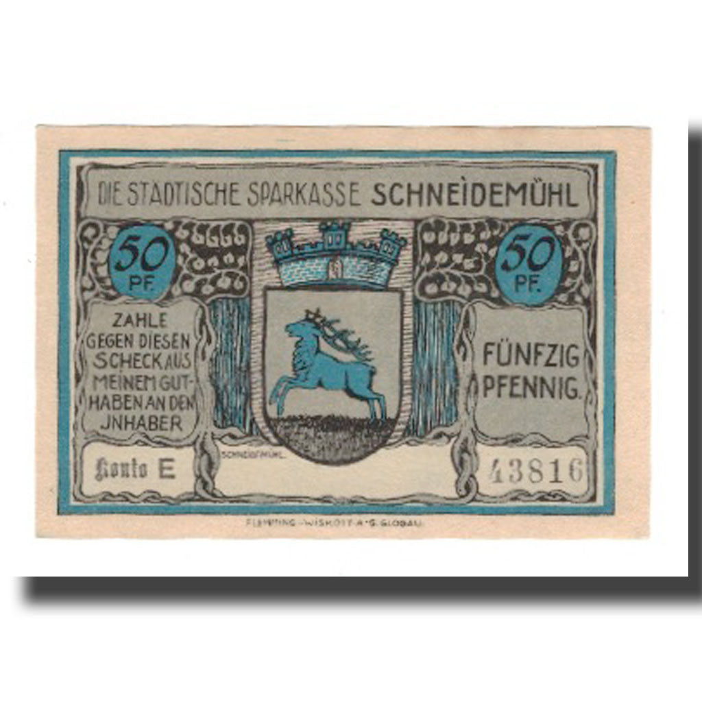 Banconote, Germania, Schneidemühl Städtische Sparkasse, 50 Pfennig, batiment