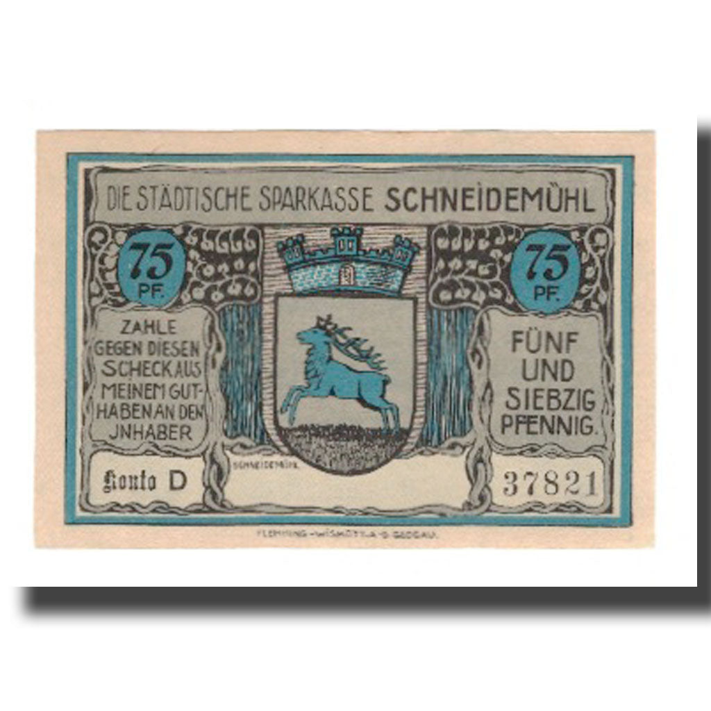 Banknot, Niemcy, Schneidemühl Städtische Sparkasse, 75 Pfennig, paysage 1