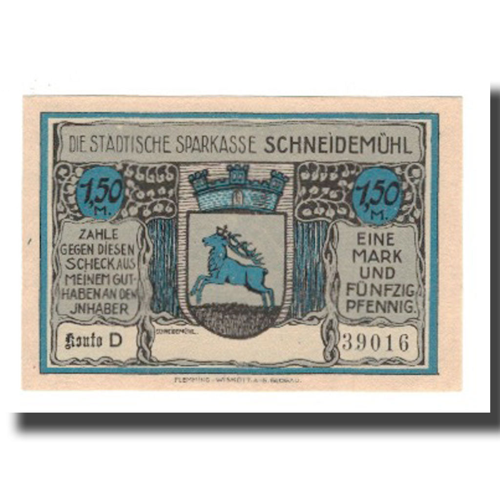 Banconote, Germania, Schneidemühl Städtische Sparkasse, 1.5 Mark, monument 1
