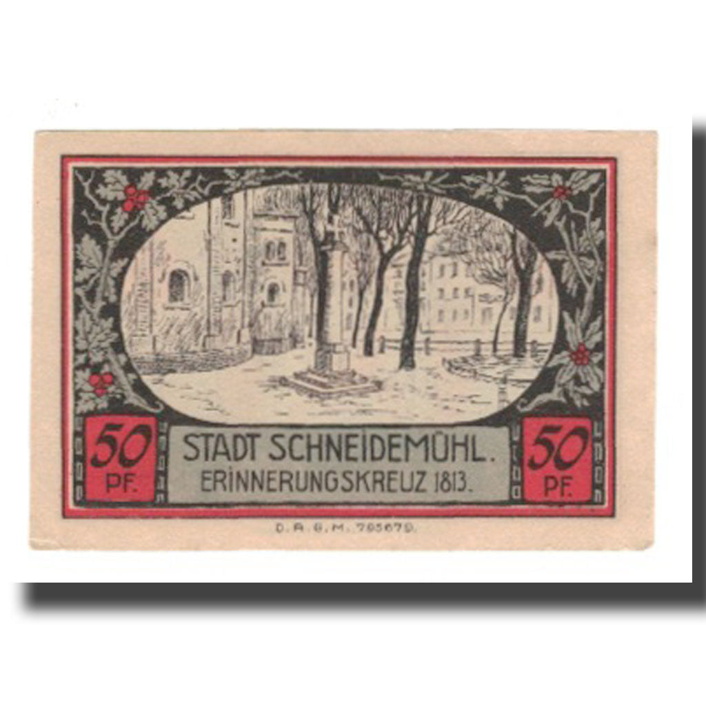 Nota, Alemanha, Schneidemühl Städtische Sparkasse, 50 Pfennig, Monument, 1922