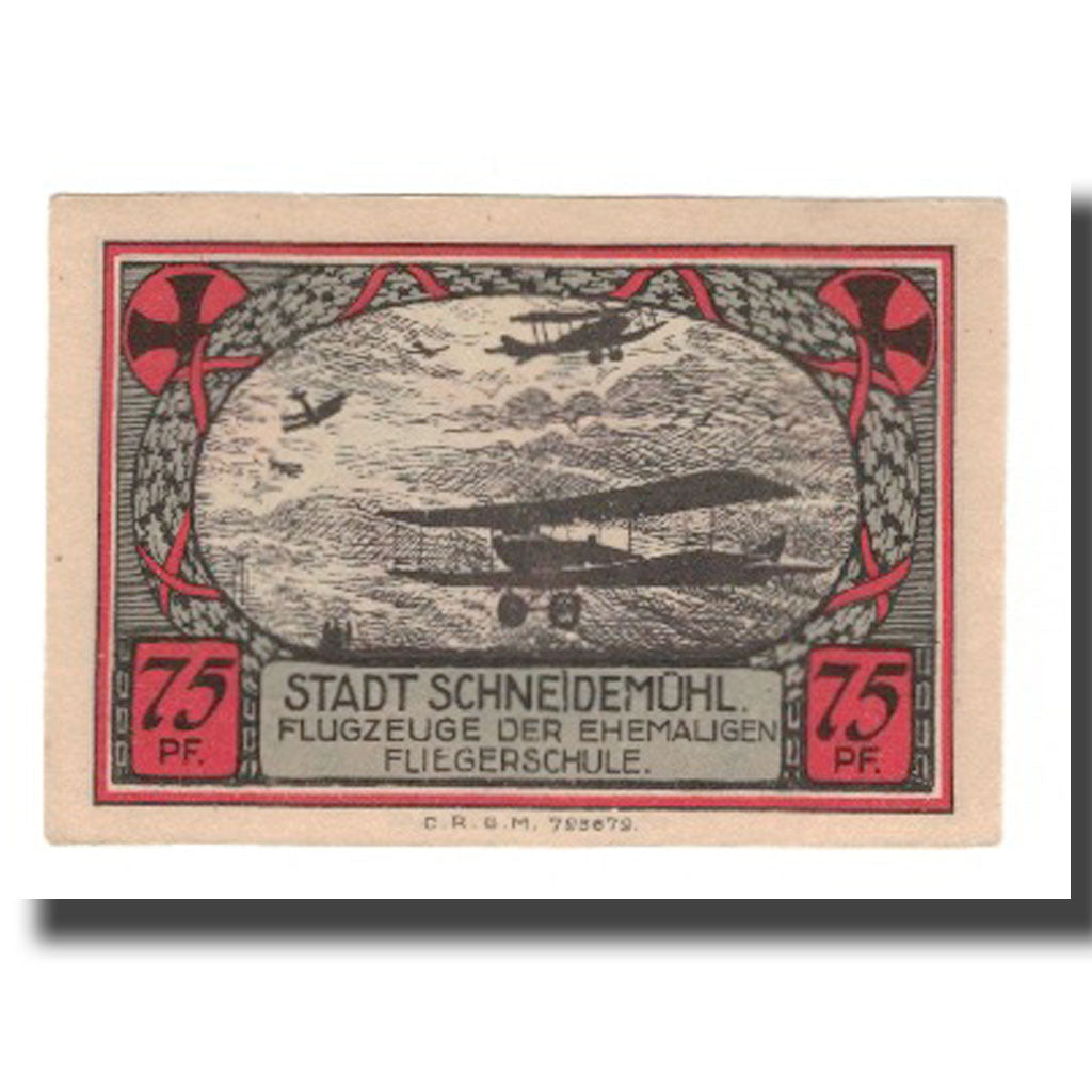 Banconote, Germania, Schneidemühl Städtische Sparkasse, 75 Pfennig, avion