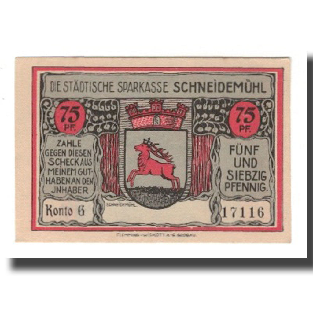 Banconote, Germania, Schneidemühl Städtische Sparkasse, 75 Pfennig, avion 2