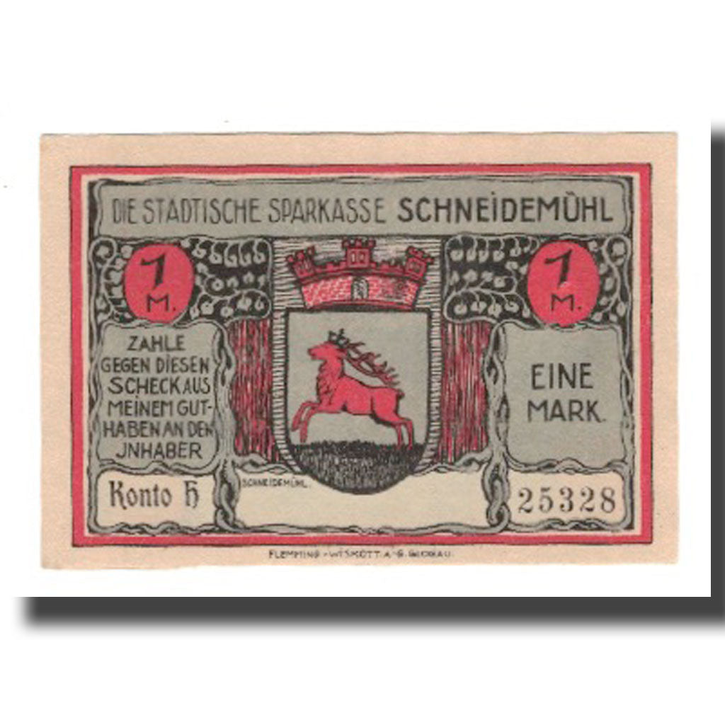 Banconote, Germania, Schneidemühl Städtische Sparkasse, 1 Mark, Batiment